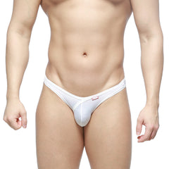 Metro male wear dangerous brief white thong made of smooth stretchy fabric with subtle red logo on waistband