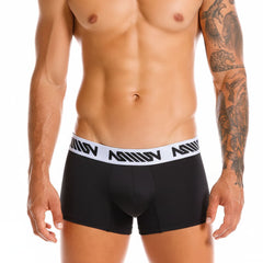 Metro male wear core short boxer black 7 inch featuring black fabric with white waistband and bold black geometric logo pattern