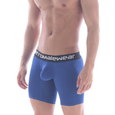 Blue men’s boxer briefs with black waistband and aeromalewear logo in white from metro malewear bulge midcut royal blue