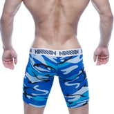 Blue and white camouflage mens bulge midcut boxer briefs with black accent and branded elastic waistband from metromalewear