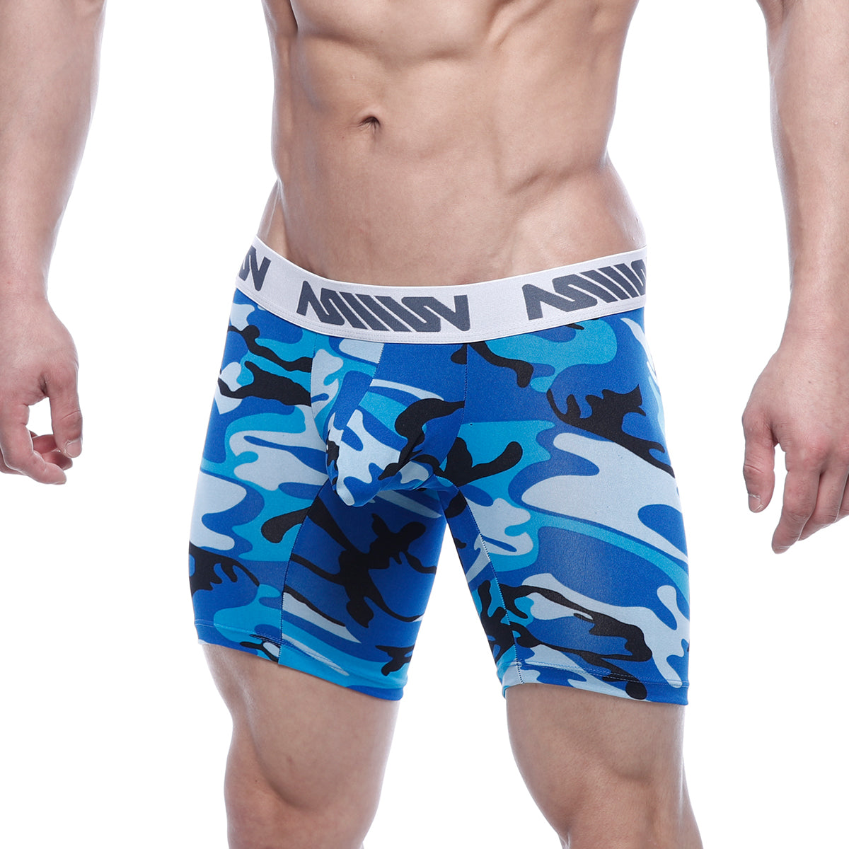 Blue and black camouflage mens boxer briefs with white elastic waistband and million branding metroMalewear bulge midcut