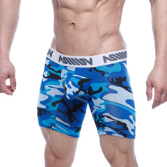 Blue and black camouflage mens boxer briefs with white elastic waistband and million branding metroMalewear bulge midcut