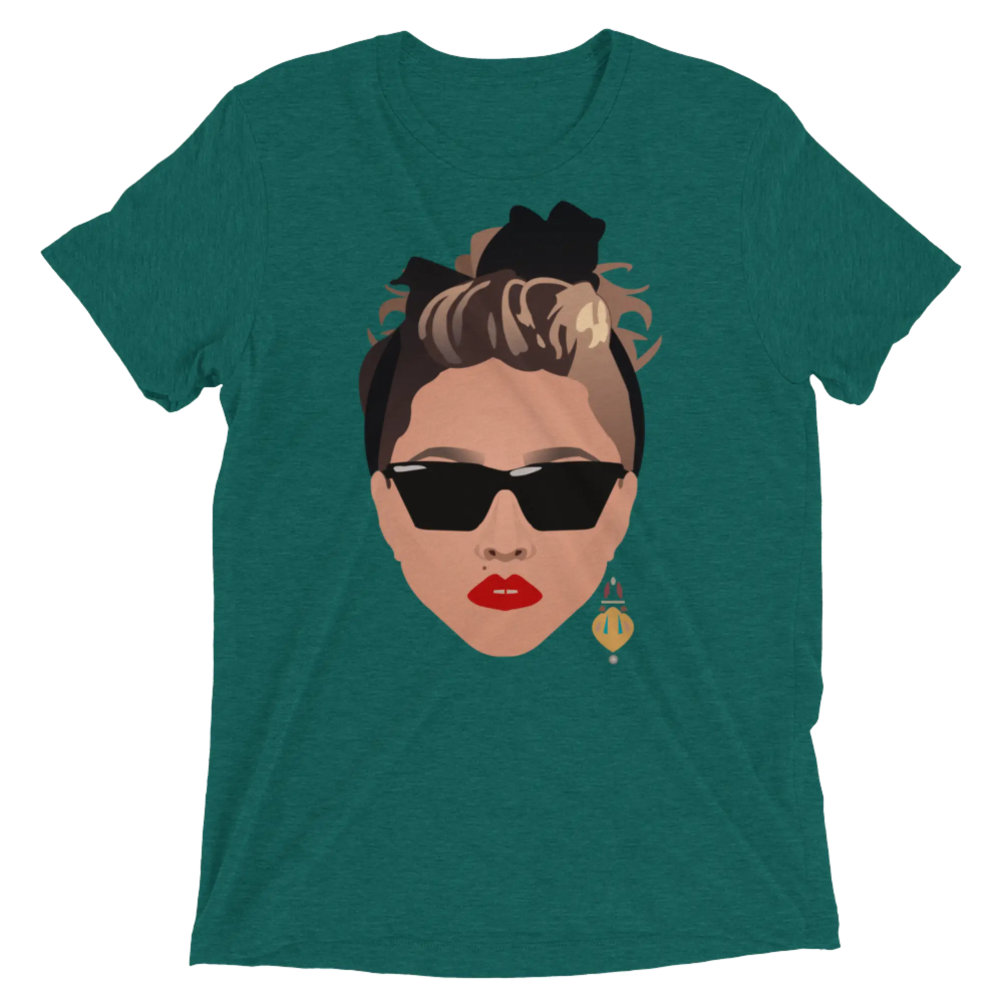 Teal heathered cotton t-shirt featuring a stylized woman with black sunglasses red lips and a black bow 80s glamour design