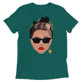Teal heathered cotton t-shirt featuring a stylized woman with black sunglasses red lips and a black bow 80s glamour design