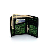 Black tri-fold 80s veclro wallet with green cannabis leaf pattern lining designed for everyday use