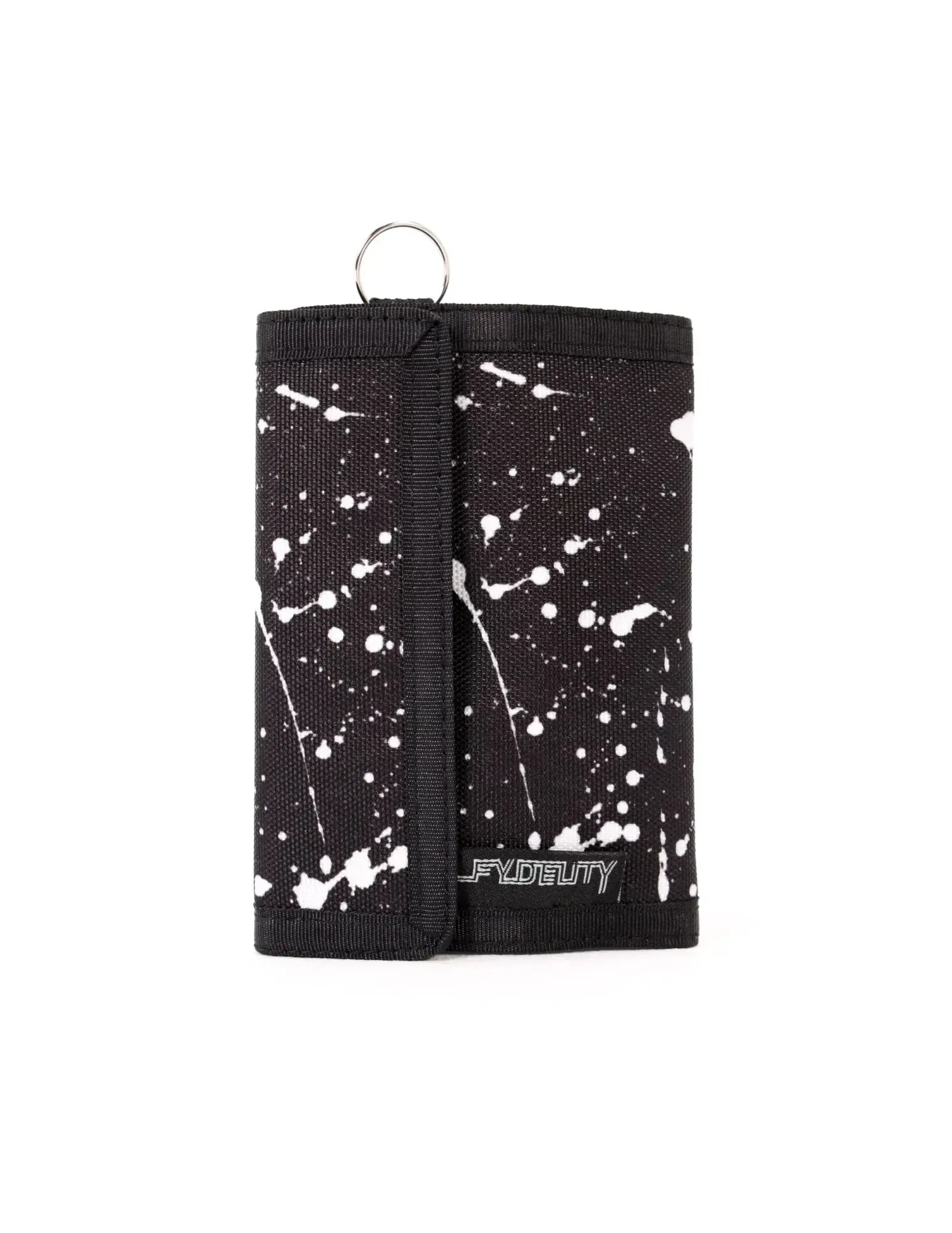 Black 80s velcro tri-fold wallet with white paint splatter pattern and silver metal ring at the top