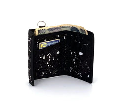 Black 80s velcro wallet with white paint splatter design, silver key ring, and Pennsylvania branded card slot