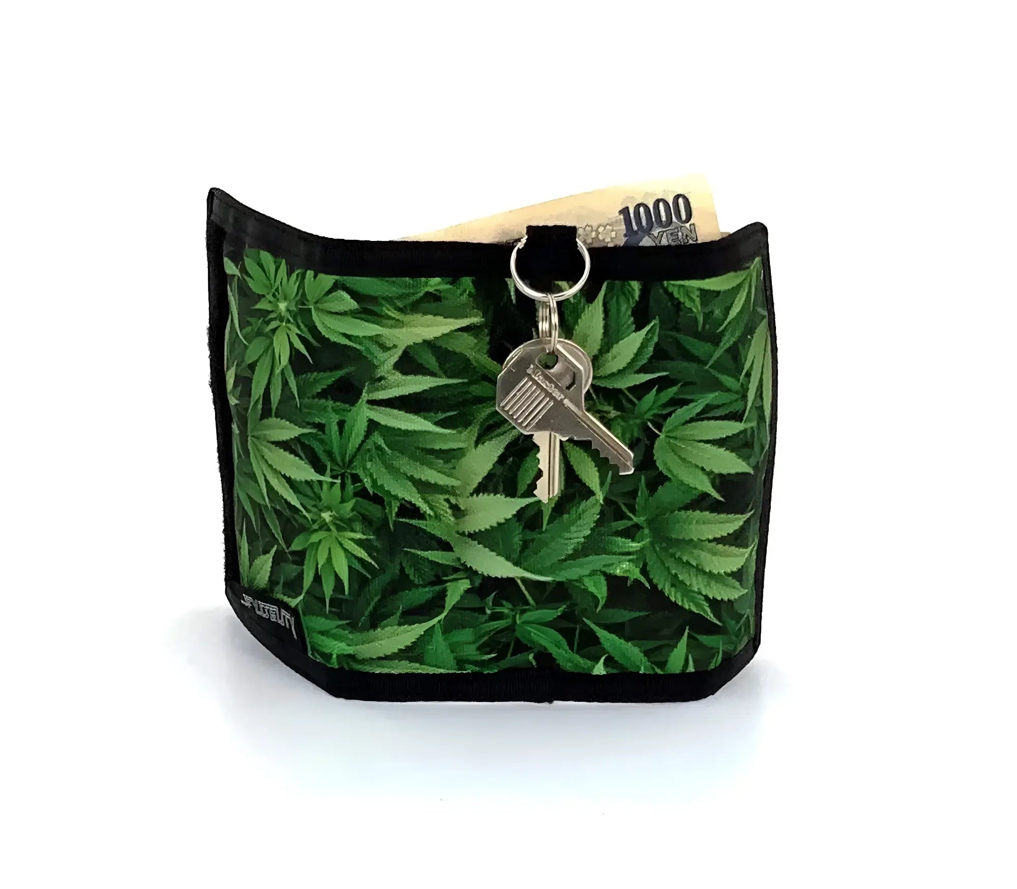 Green cannabis leaf patterned 80s velcro wallet with black trim and attached keychain for secure carrying
