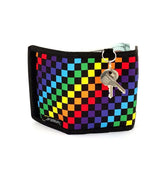 Rainbow checkered 80s velcro wallet with black trim and attached keychain for easy access and secure closure
