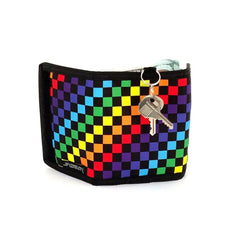 Rainbow checkered 80s velcro wallet with black trim and attached keychain for easy access and secure closure