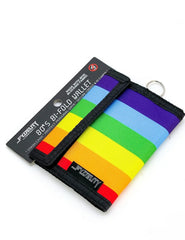 Rainbow-striped 80s veclro bi-fold wallet with black trim key ring by fydeuty made of durable fabric