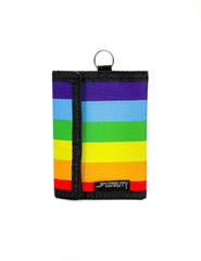 Rainbow-striped 80s velcro tri-fold wallet with black trim and metal ring for secure everyday use