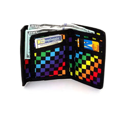 A vibrant rainbow checkered 80s velcro trifold wallet with black edges and multiple card slots