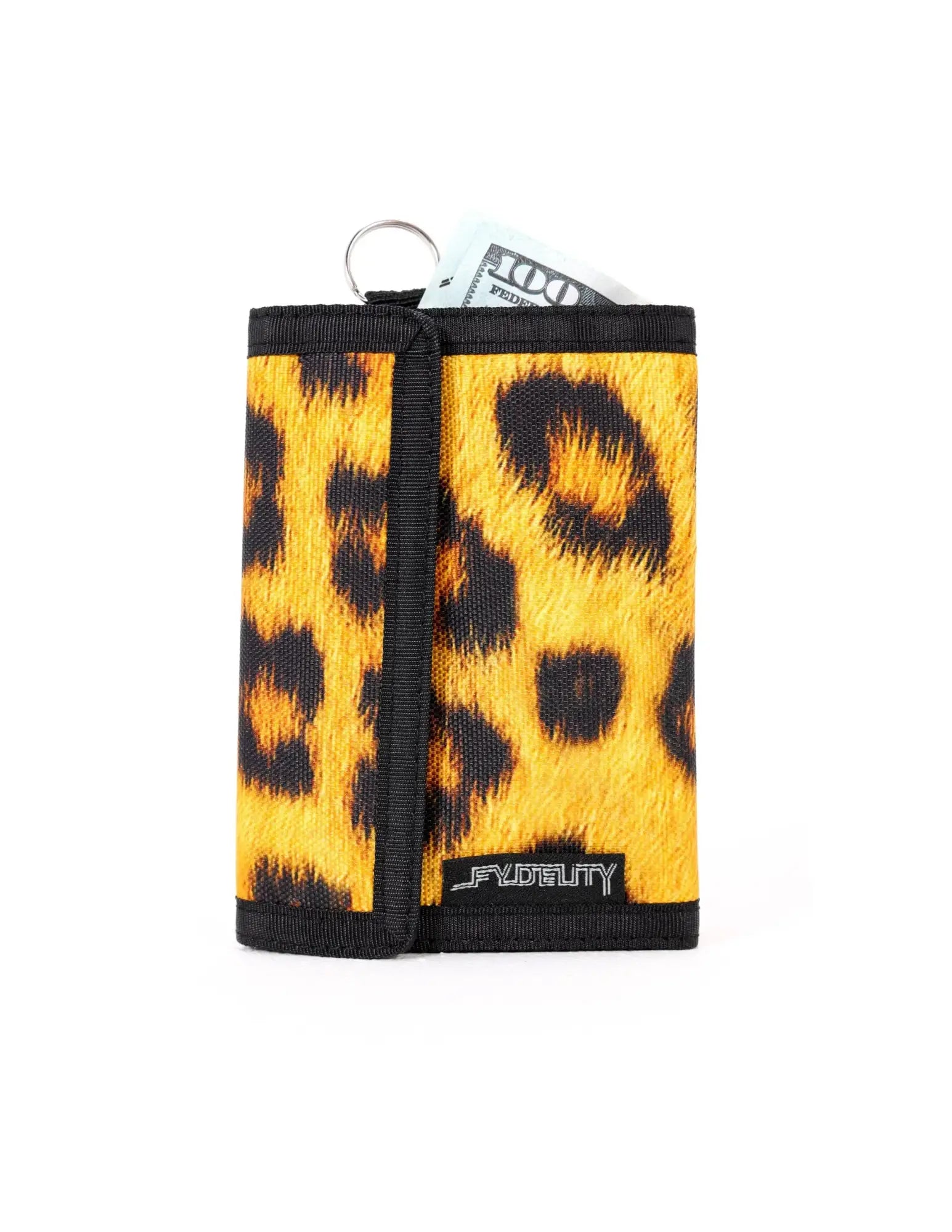 Yellow and black leopard-print 80s velcro tri-fold wallet with key ring attachment made of durable material