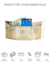 Gold metallic 80s wrist wallet with zipper closure and white fabric trim for secure hands-free storage