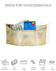 Gold metallic 80s wrist wallet with zipper closure and white fabric trim for secure hands-free storage