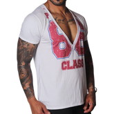 White deep V-neck T-shirt with a distressed red and blue "86 CLASS" graphic print.