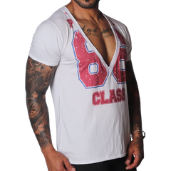 White deep V-neck T-shirt with a distressed red and blue "86 CLASS" graphic print.