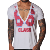 White deep V-neck T-shirt with a distressed red and blue "86 CLASS" graphic print on the front.