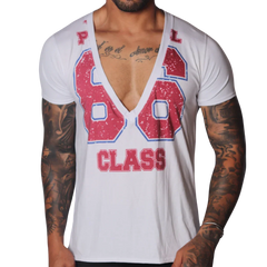 White deep V-neck T-shirt with a distressed red and blue "86 CLASS" graphic print on the front.