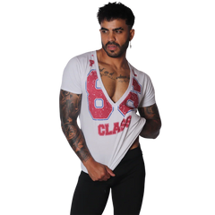 White short-sleeve V-neck t-shirt with distressed red "86 CLASS" graphic print on chest.