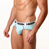 Light blue MetroMaleWear 365 hip brief with white waistband black lettering and gray trim along leg openings