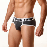 Dark gray mens briefs metroMalewear 365 hip brief with white elastic waistband and black nation branding