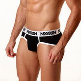 Black and white MetroMaleWear 365 hip brief with bold repeating logo waistband for athletic wear and comfort
