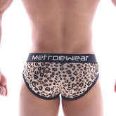 MetroMaleWear 365 hip brief leopard print men’s underwear with black trim and metrowear branded waistband