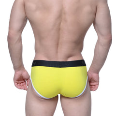 Bright yellow MetroMaleWear Astros brief with black waistband featuring brand name and white trim along leg openings