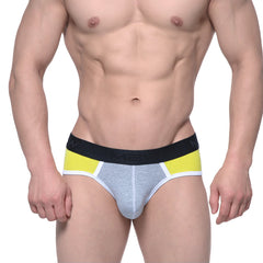Gray and yellow metro malewear astros briefs with black elastic waistband and brand logo for comfortable daily wear
