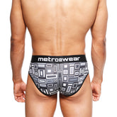Black and gray geometric patterned mens briefs with metrowear waistband metroMalewear 365 hip brief Basalto 9005-23