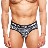 Black and gray geometric patterned men’s briefs with metromalewear waistband metroMaleWear 365 Hip Brief Basalto 9005-23