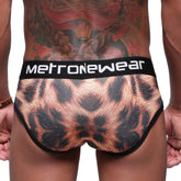Black and copper leopard print briefs with a black waistband featuring the metronewear logo by MetroMaleWear