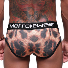 Black and copper leopard print briefs with a black waistband featuring the metronewear logo by MetroMaleWear