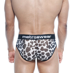 MetroMaleWear 365 hip brief Dalmatian black and white cow print with black elastic waistband featuring MetroWear logo