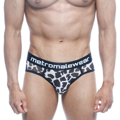 Black and white leopard-print briefs with a black metromalewear waistband metro malewear 365 hip brief dalmatian