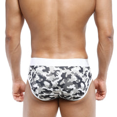 Gray and black camouflage metroMalewear 365 hip brief with white waistband designed for comfortable daily wear