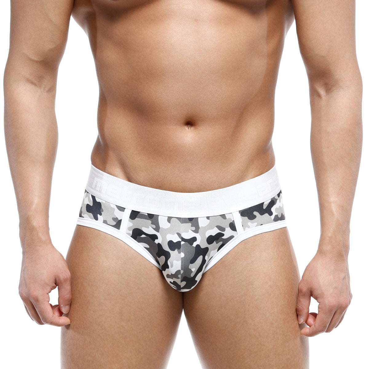 MetroMaleWear 365 hip brief camo 9005-90 gray and black camouflage pattern with white elastic waistband