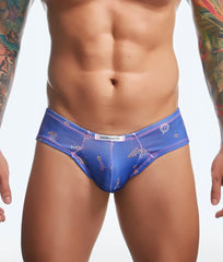 Blue justin and simon men’s briefs with a playful scientific icon and star pattern in pink white and yellow