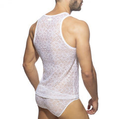 White lace tank top with floral pattern and matching briefs in delicate lace fabric for feminine lingerie set