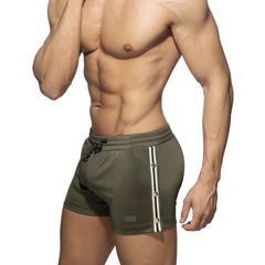 Nexus button shorts in olive green with white and black stripes silver buttons and a drawstring waistband