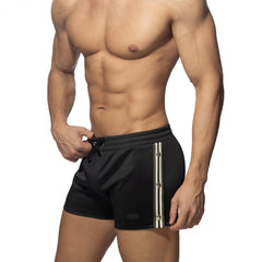 Nexus button shorts black athletic shorts with white and gray vertical stripes and a drawstring waistband