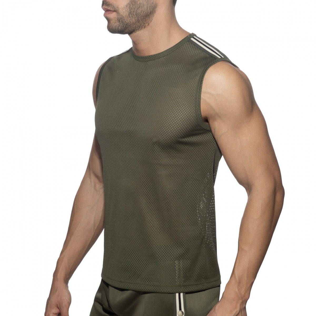 Nexus mesh tank top olive green sleeveless athletic top with three white stripes along the shoulder