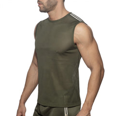 Nexus mesh tank top olive green sleeveless athletic top with three white stripes along the shoulder