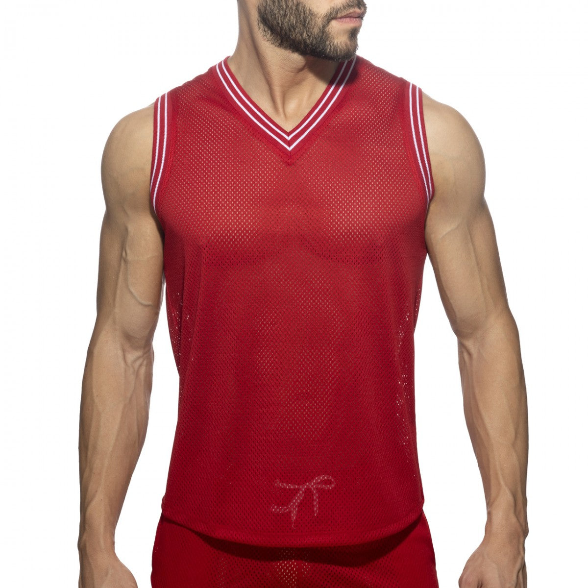 Slam v-neck sleeveless t-shirt in red mesh with white trim and a subtle bow detail at the bottom