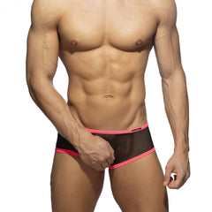 Black mesh briefs with bright pink trim and addicted waistband branded featuring the fever mesh brief design