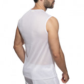 A man models the Addicted Los Angeles white mesh sports tank top from behind, showing its sleeveless design.