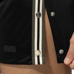 Black varsity jacket with olive and white striped placket and silver snap buttons for casual wear