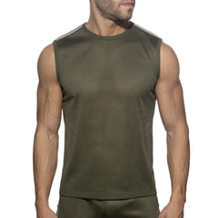 Nexus mesh tank top olive green sleeveless athletic top with white stripes along the shoulders and mesh fabric